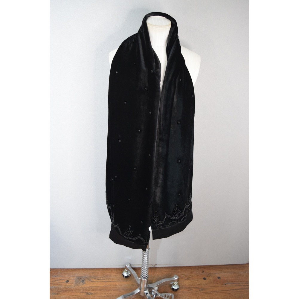 Laura Ashley Scarf OS Black Velvet Silk Beaded Reversible Shawl 78" X 21"